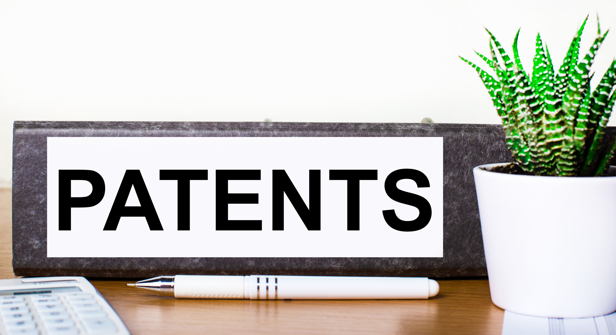 On a wooden table there is a folder for documents with a PATENTS dough, a green plant in a pot, a pen and a calculator. Business concept.